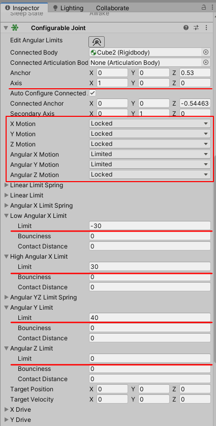 ConfigurableJoint parameters.