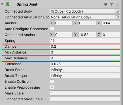 SpringJoint parameters.