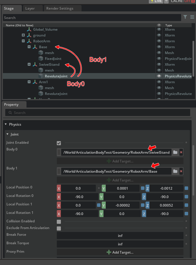 Reference to Body0 and Body1 of Physics Joint in "SwivelStand".