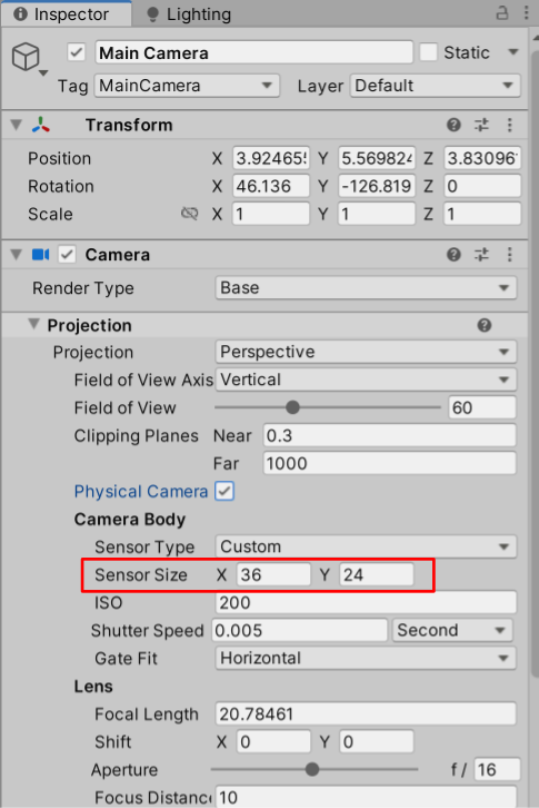 Sensor size in Unity.