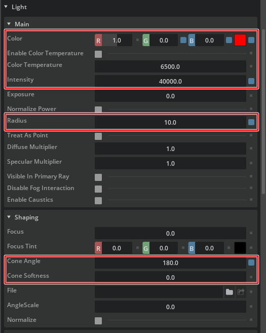 Sphere Light parameters.