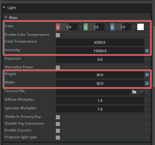 Rect Light parameters.