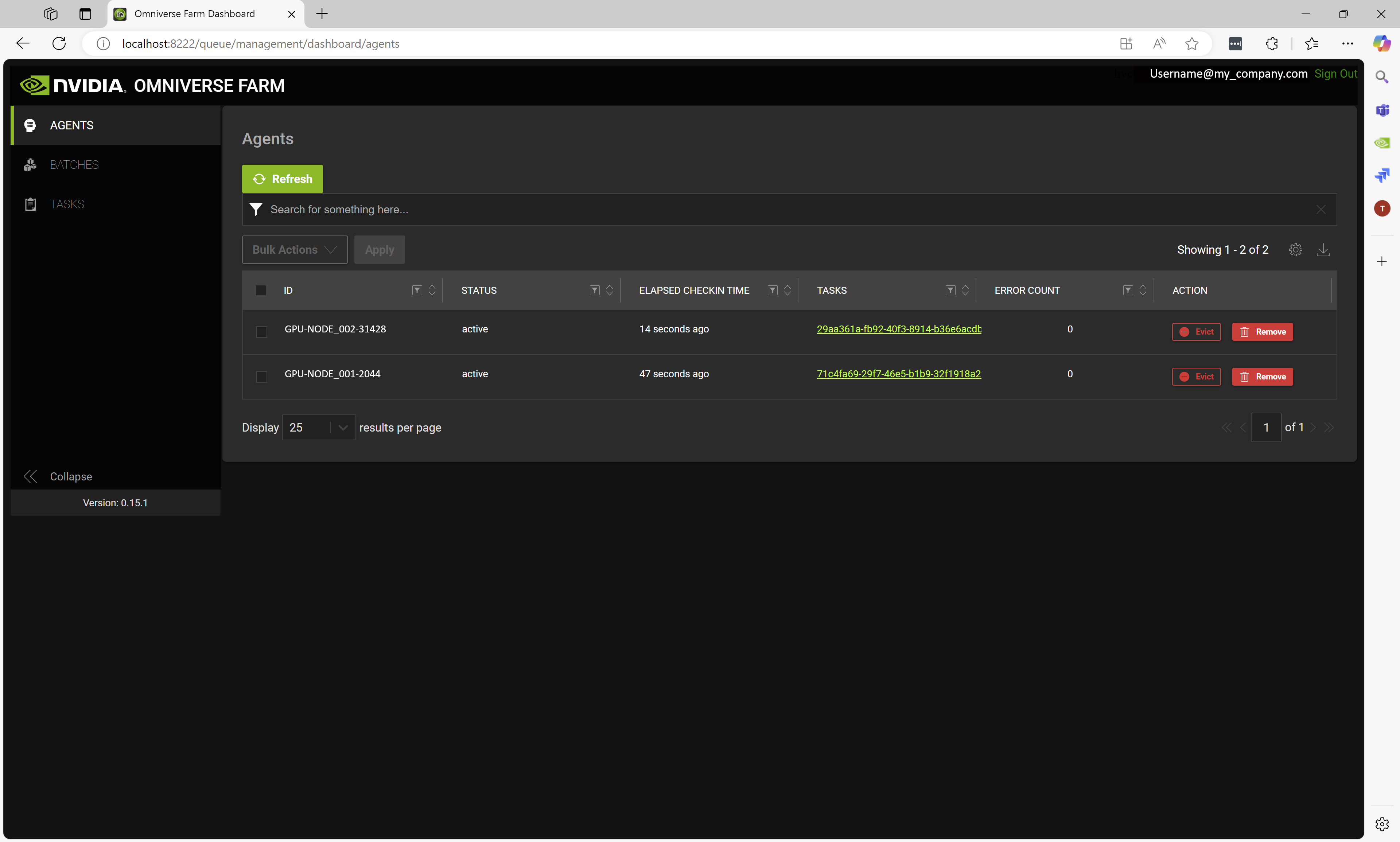 Omniverse Queue Dashboard, Agent tab.