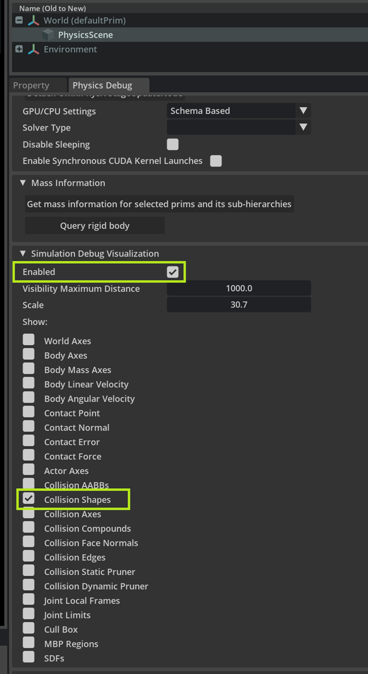 Debug Visualization checkbox for the Simulation