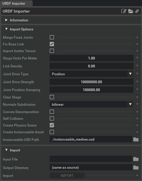 User interface for URDF Importer