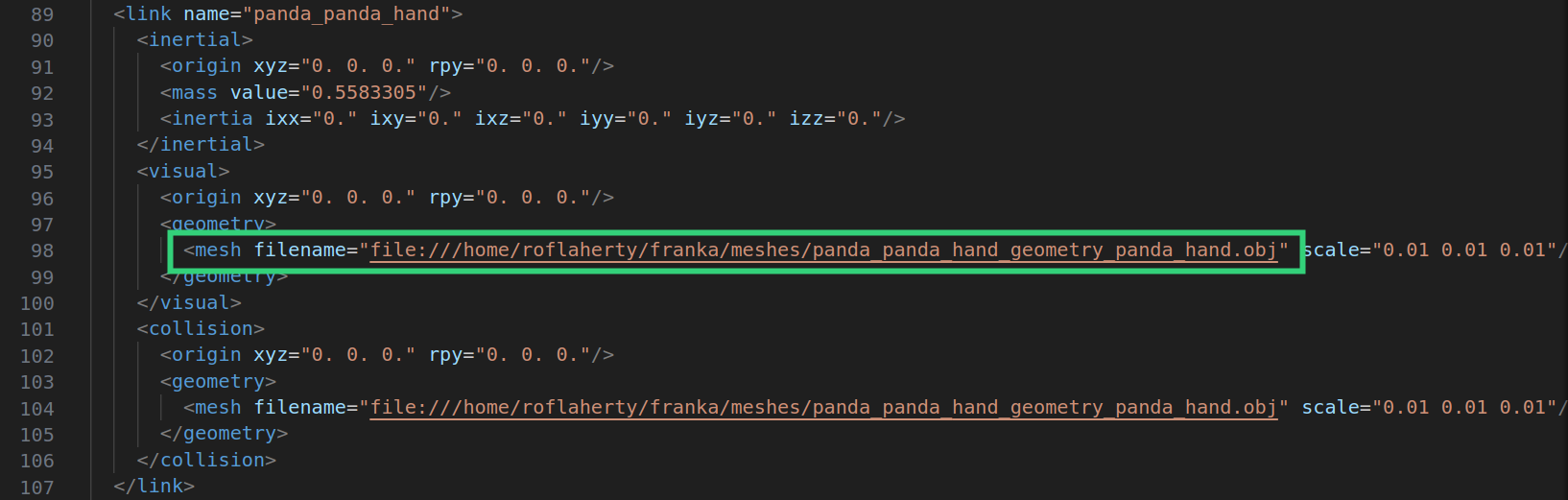 The Franka URDF with URI file paths