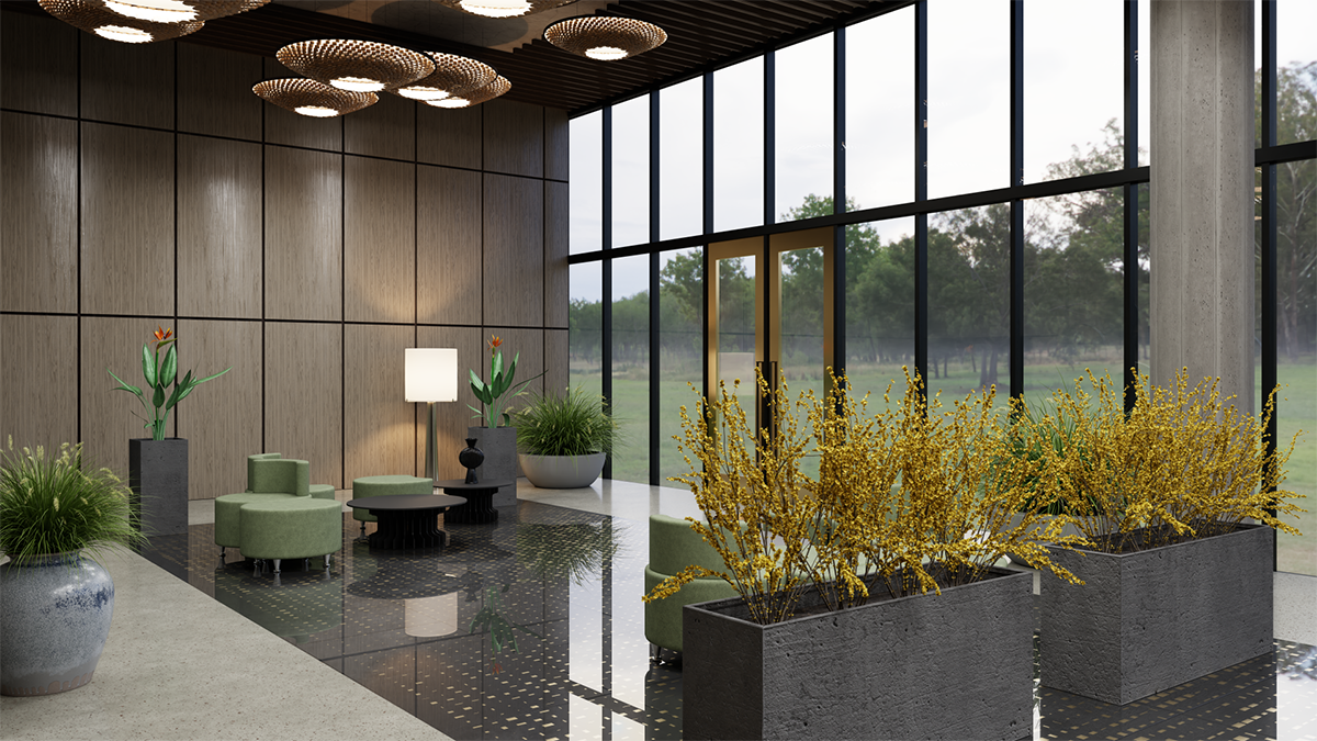 Rendered still of lobby project